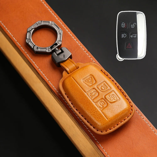 Carsine Land Rover/Jaguar Leather Key Cover | Handmade Full-Grain | Precision Fit 2010-2025 Models Brown / A