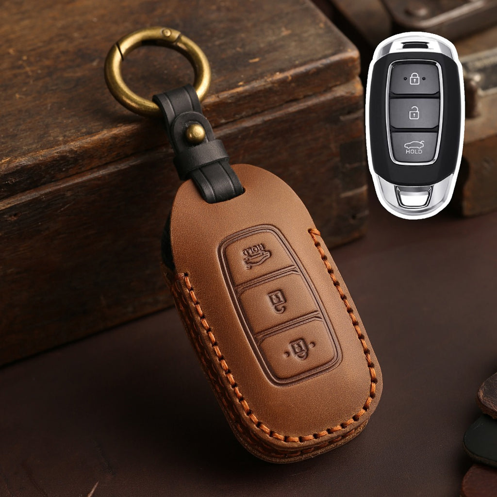 Carsine Hyundai Elantra Leather Car Key Cover 3 Button Brown / 3 Button