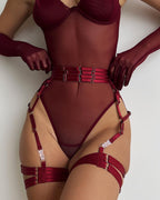Red mesh bodysuit with gloves, belt and garters