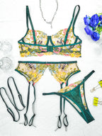 Carsine Green Sexy Lingerie 4-Piece Set T-Back with Leg Rings G string Thong Green / S