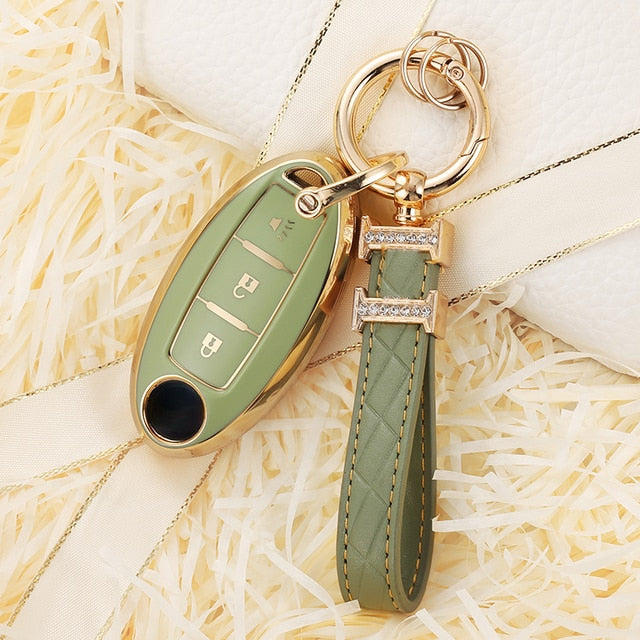 Carsine Nissan Car Key Case Golden Edge C / Green / Key case + strap