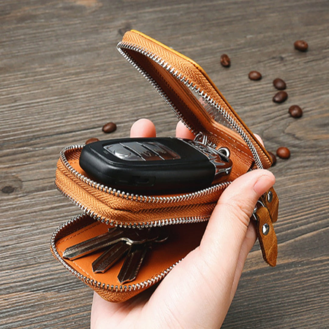 Étui universel en cuir double couche pour clés de voiture avec fenêtre transparente, compatible avec tous les modèles.