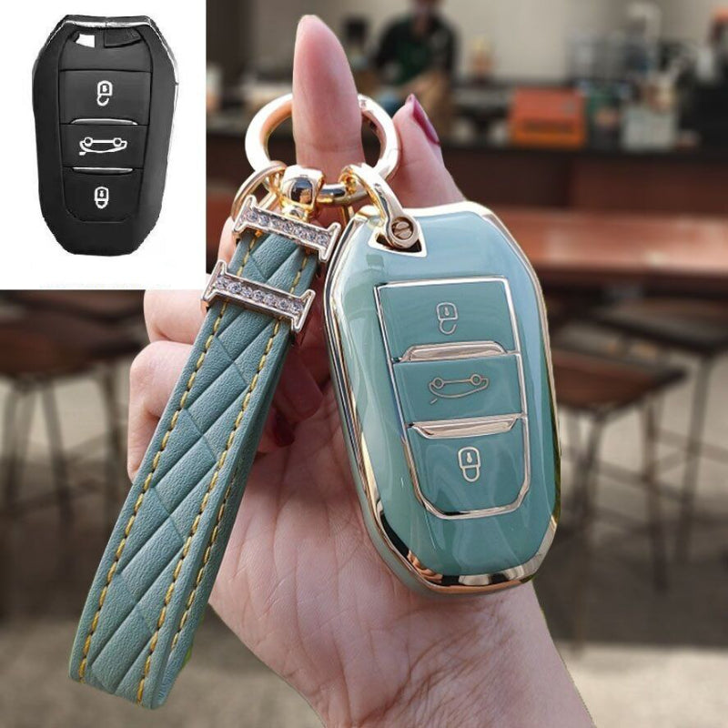 Carsine Citroen Peugeot Car Key Case Golden Edge Green / Key case + strap