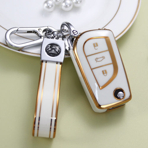 Carsine Toyota Scion Car Key Case Golden Edge 3 Buttons / White / Key case + strap